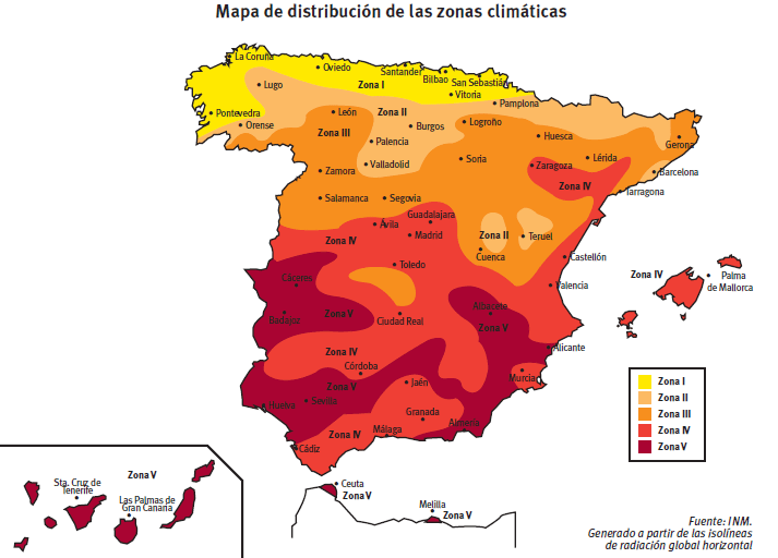 mapa de distribución de la radiación solar en España