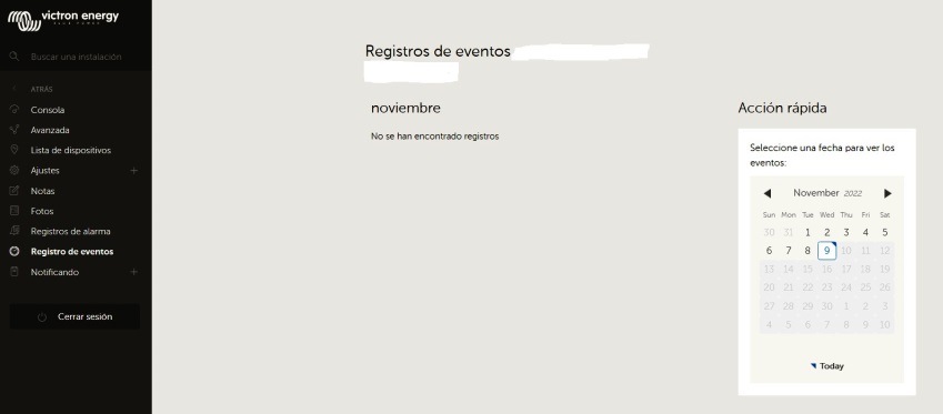 Pantalla Registros de eventos del portal de monitorización VRM de Victron