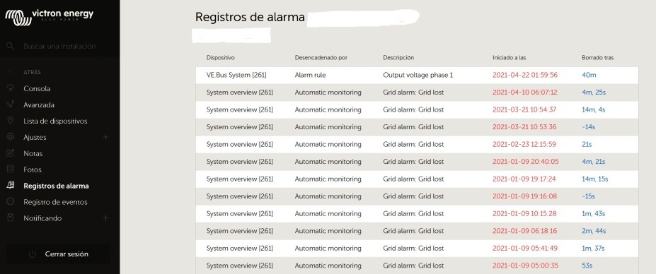 Pantalla Registros de alarmas del portal de monitorización VRM de Victron