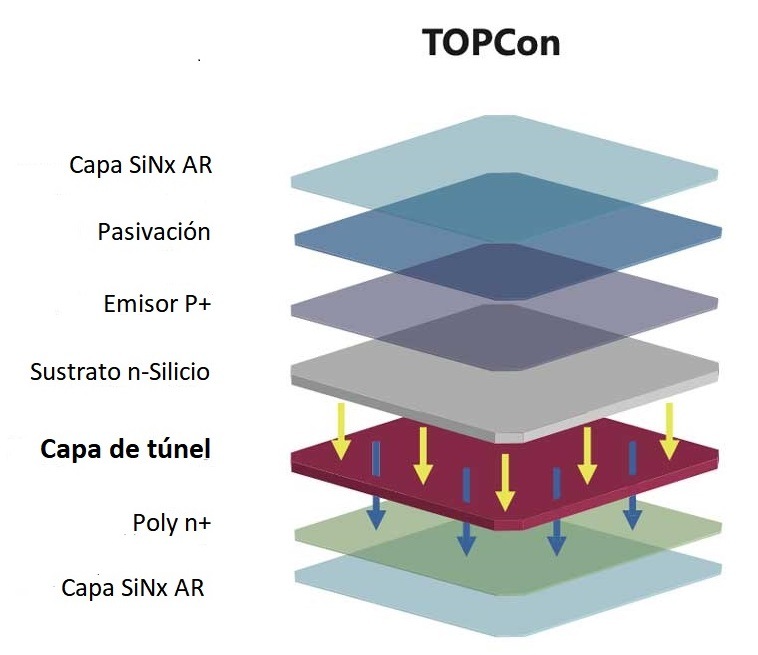 Capas de un panel solar con tecnología TOPCon