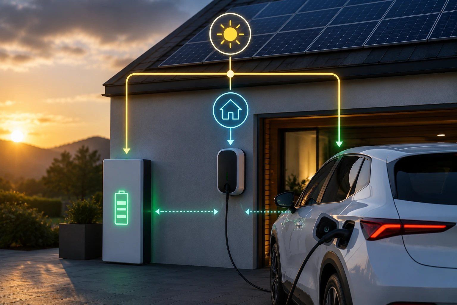 Carga inteligente de VE con placas solares y batería