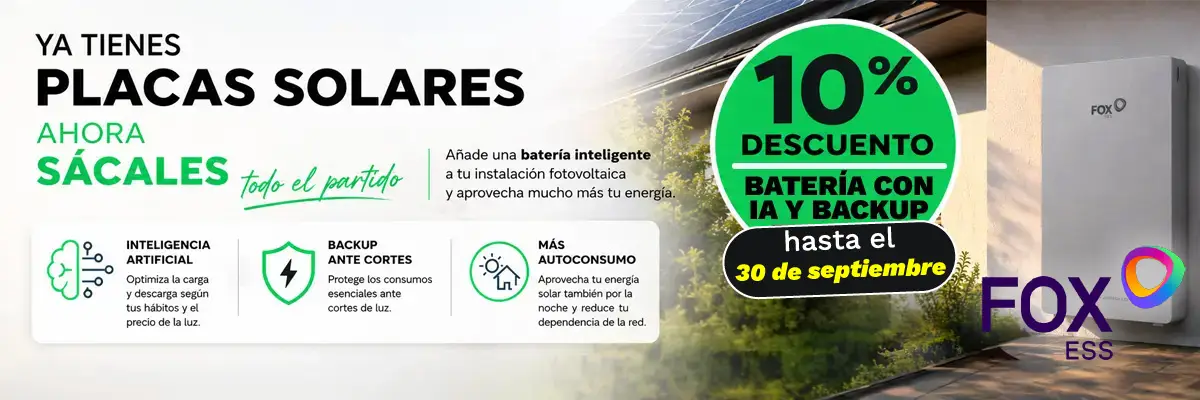 banner promoción 10% descuento en instalación de batería con backup FOX ESS durante el mes de septiembre de 2026