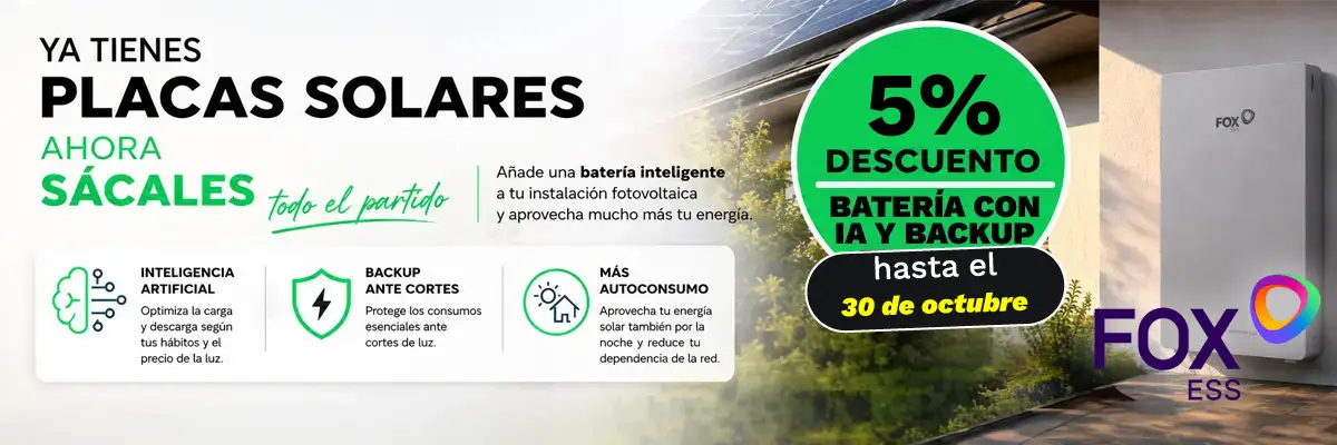 banner promoción 5% descuento en instalación de batería con backup FOX ESS durante el mes de octubre de 2026