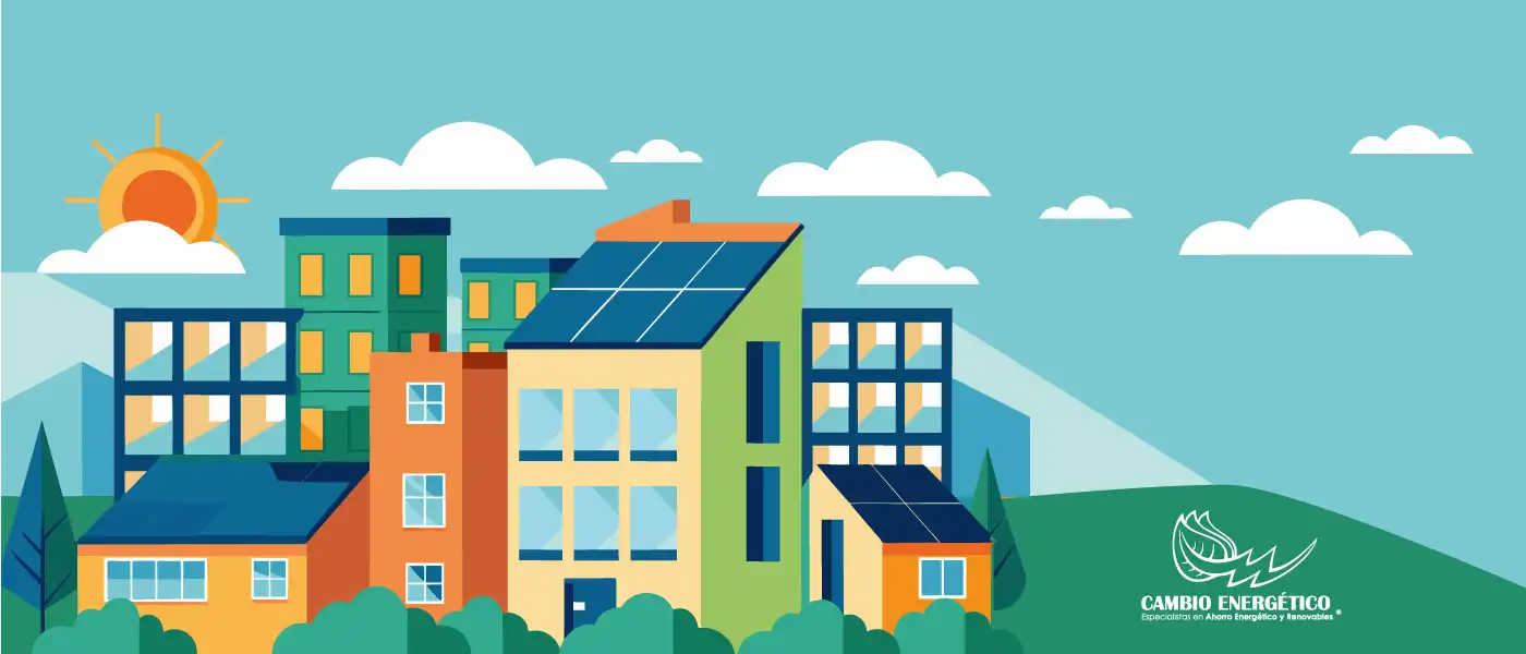 Ilustración con comunidades de vecinos con paneles solares
